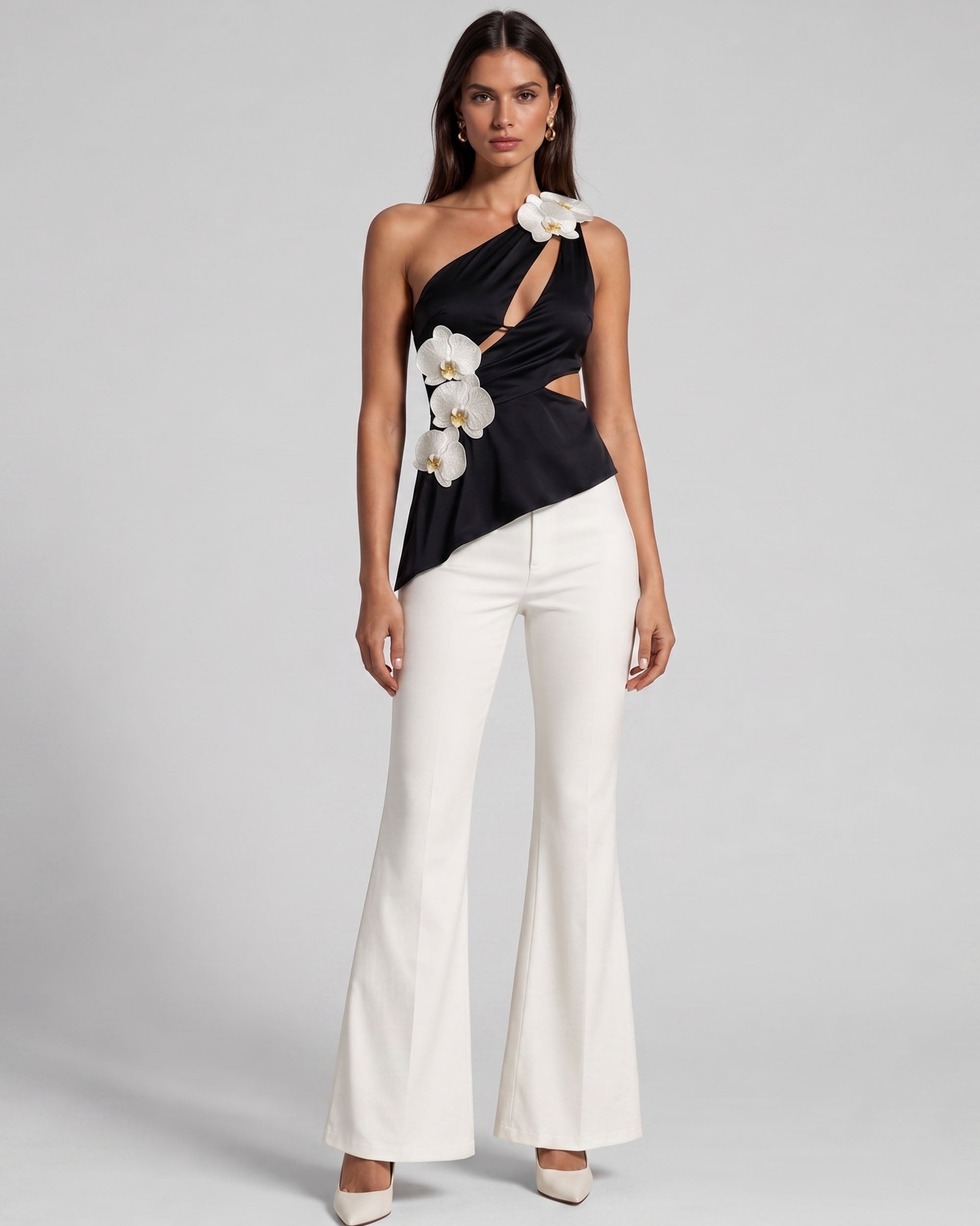 Iris Floral Appliqué Cut-Out Asymmetric Halter Top - Black