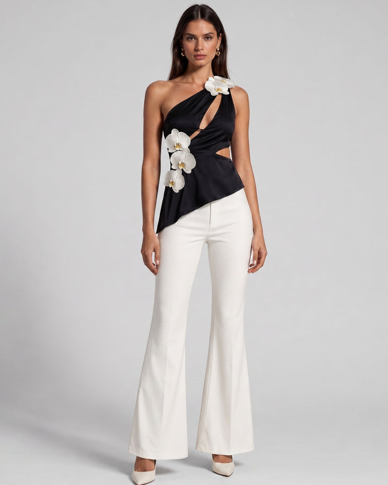 Iris Floral Appliqué Cut-Out Asymmetric Halter Top - Black