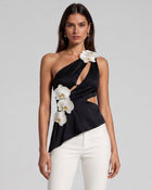 Iris Floral Appliqué Cut-Out Asymmetric Halter Top - Black