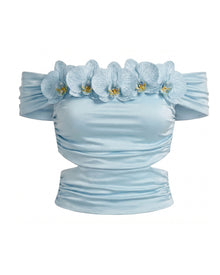 Iris Floral Appliqué Off-Shoulder Draped Top - Sky Blue