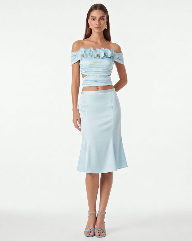 Iris Floral Appliqué Off-Shoulder Draped Top - Sky Blue