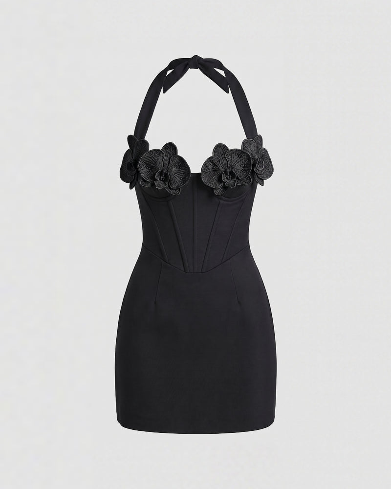 Iris Floral Appliqué Halter Corset Mini Dress - Black