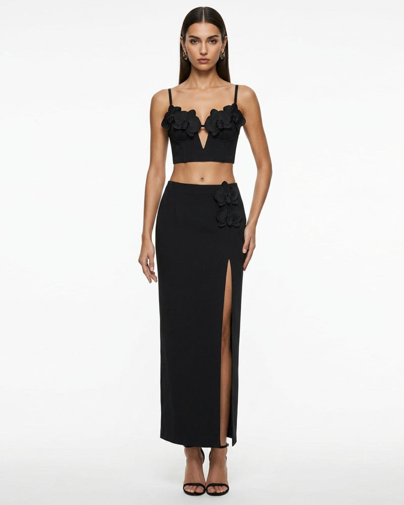 Iris Floral Appliqué Corset Crop Top - Black