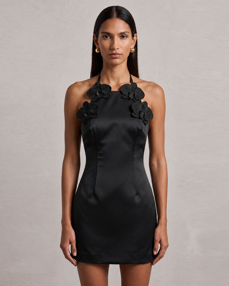 Iris Floral Appliqué Halter Mini Dress - Black