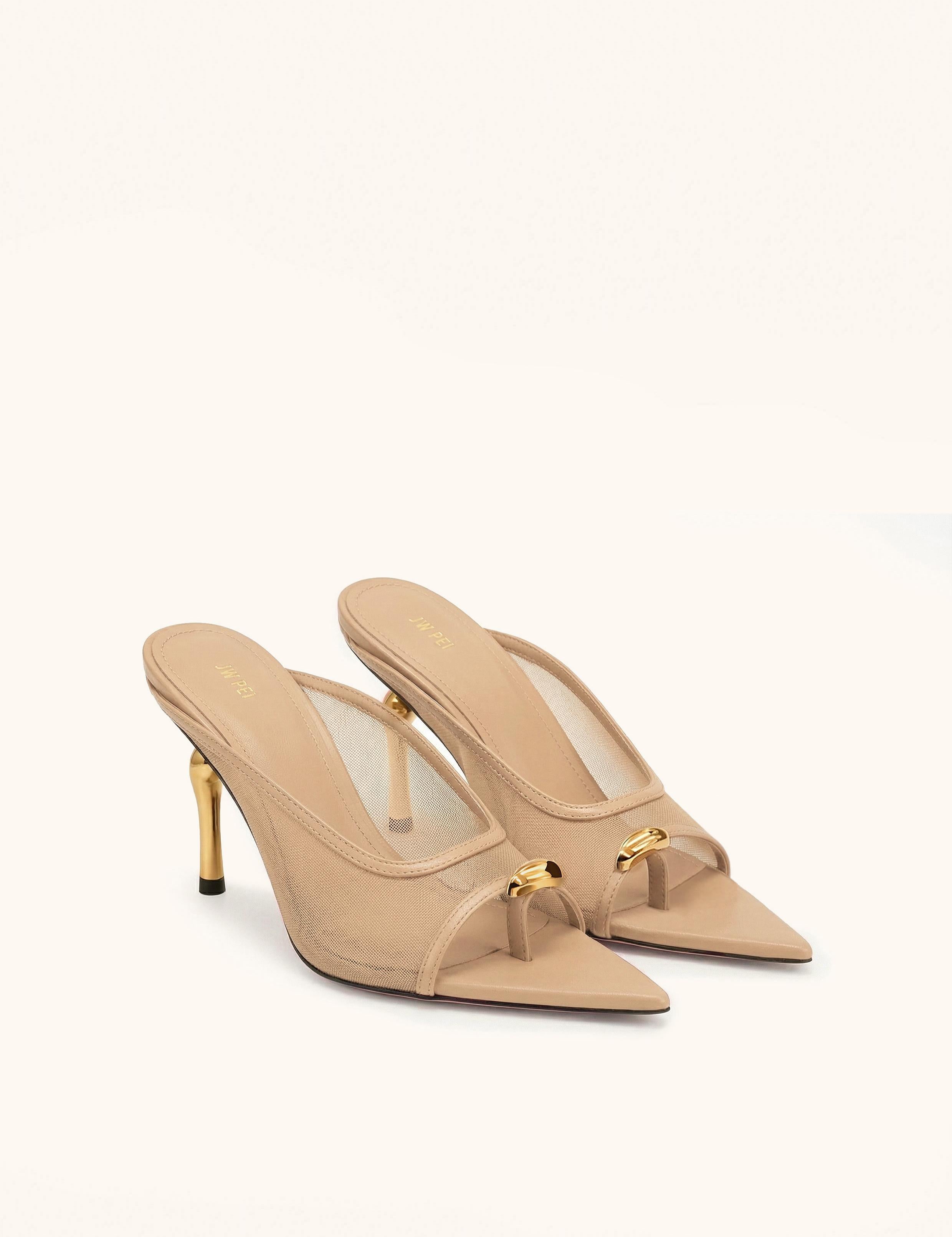 Noemi Pointed-Toe Mesh Mule Heels - Khaki