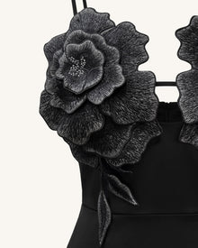 3D Floral Strappy Maxi Dress - Black
