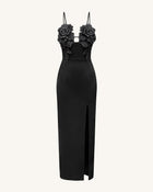 3D Floral Strappy Maxi Dress - Black