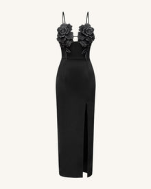 3D Floral Strappy Maxi Dress - Black