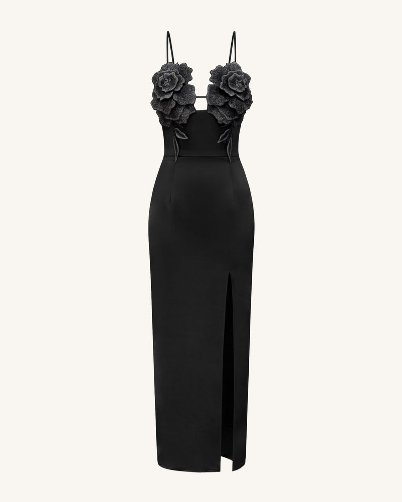 3D Floral Strappy Maxi Dress - Black