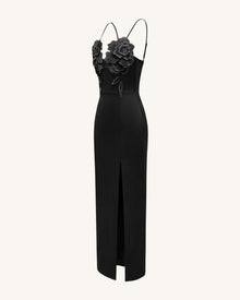 3D Floral Strappy Maxi Dress - Black