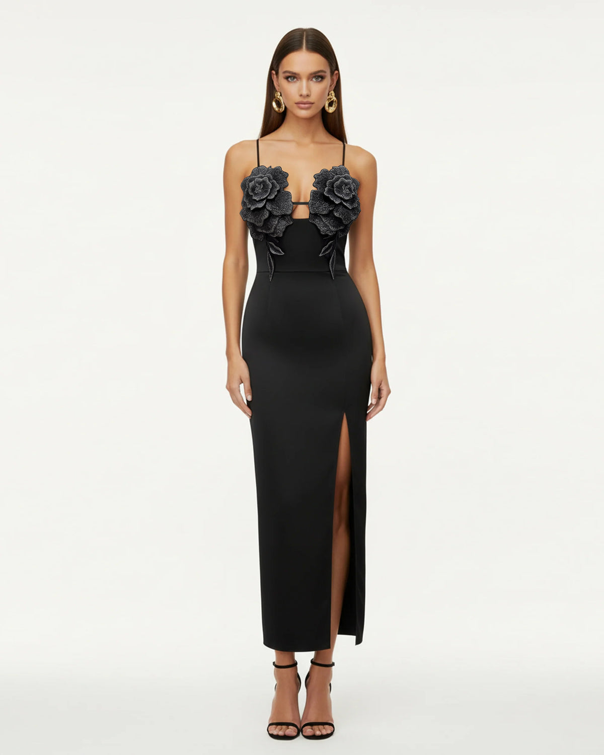 thriving poise black 3d floral embroidered tie strap maxi dress Strappy - Size:CUSTOM-MADE long prom dress cowl neck ruched backless Hand Wash Cold