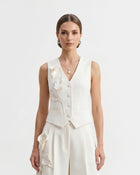 Floral Appliqué V-Neck Button Vest - White