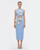 Floral Appliqué Crew Neck Crop Top - Light Blue