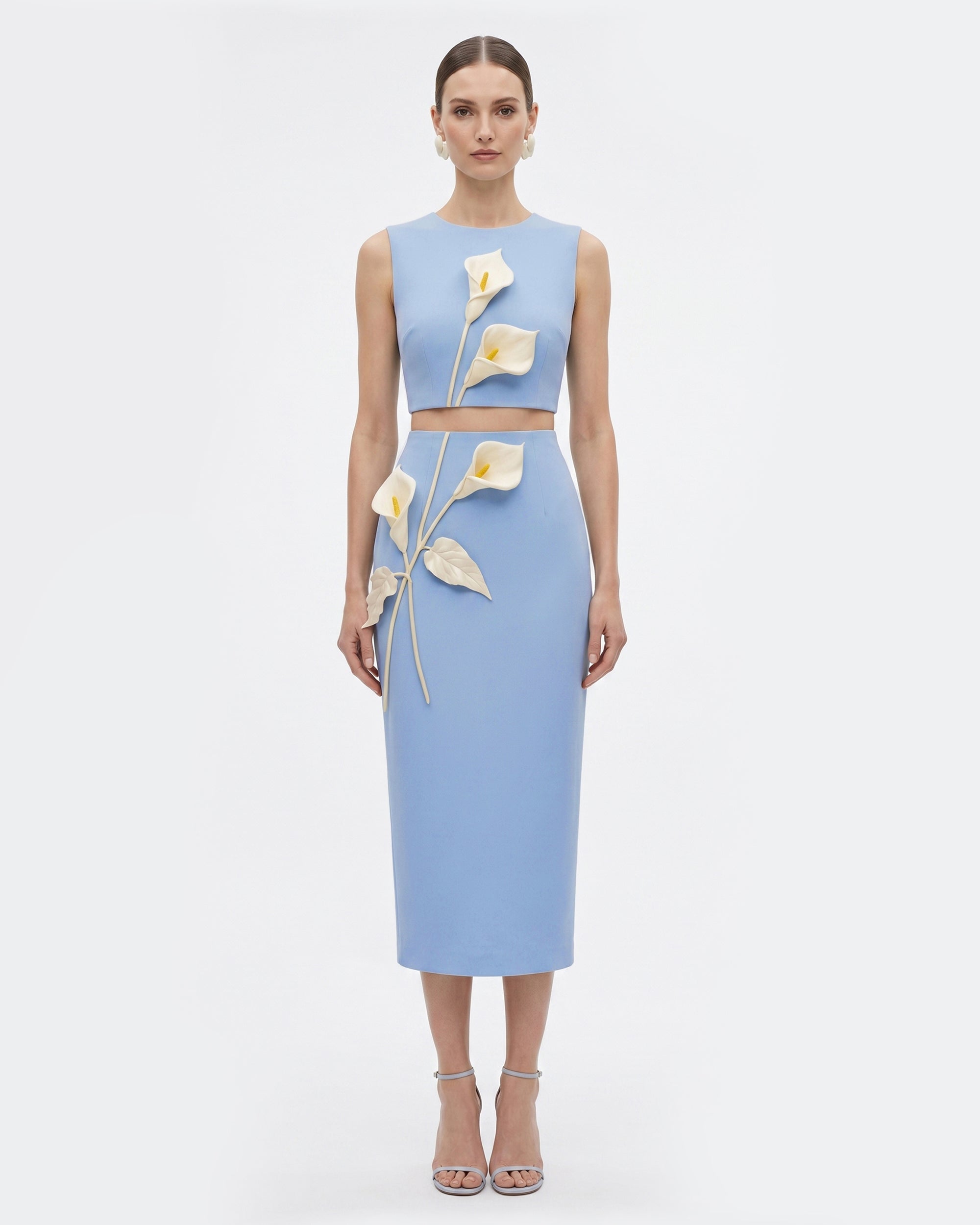 Floral Appliqué Crew Neck Crop Top - Light Blue