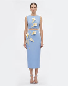Floral Appliqué Crew Neck Crop Top - Light Blue