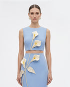 Floral Appliqué Crew Neck Crop Top - Light Blue