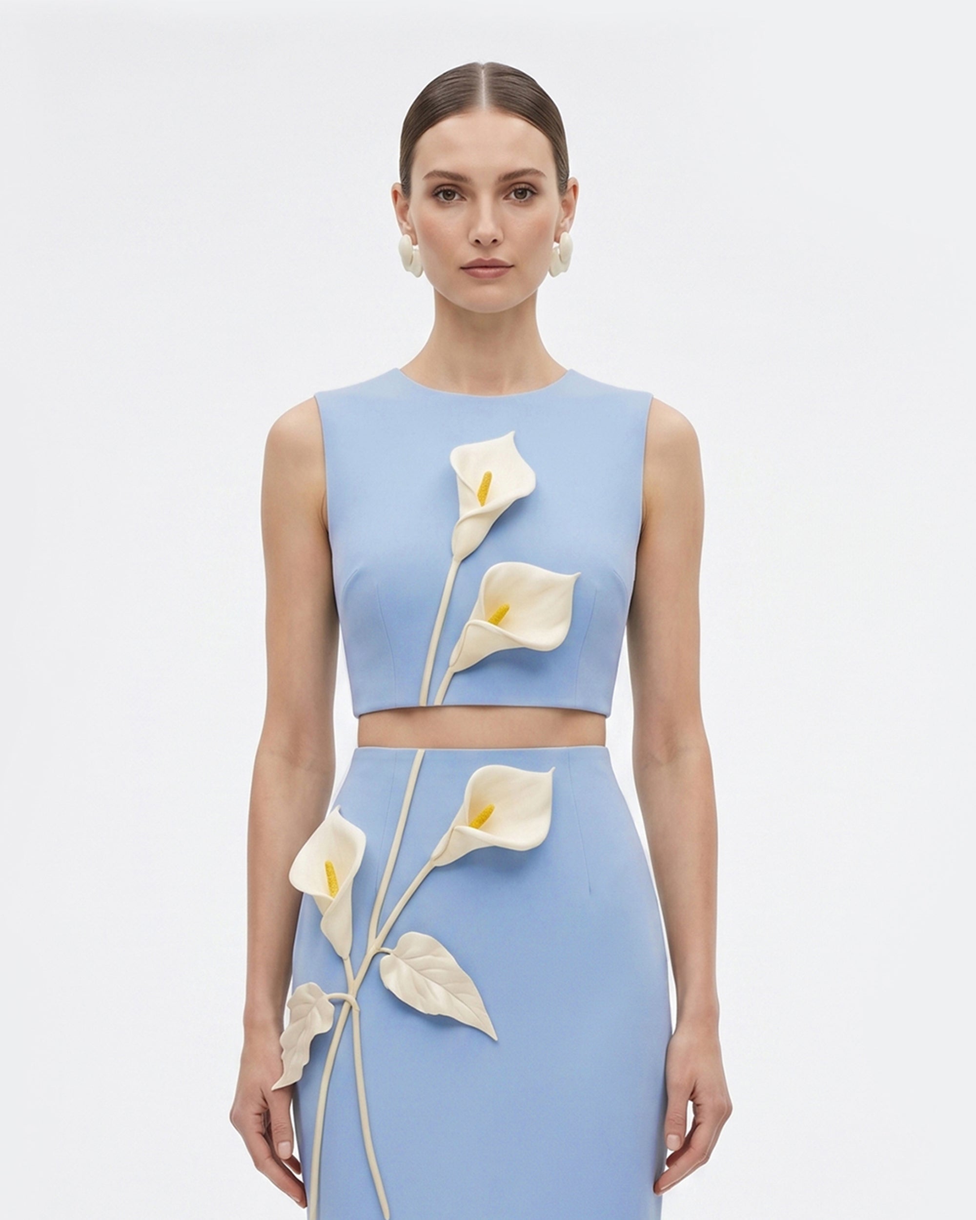 Floral Appliqué Crew Neck Crop Top - Light Blue