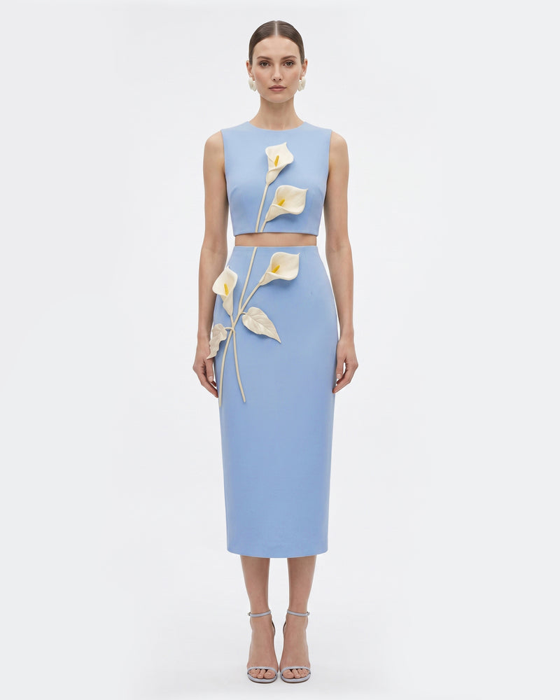 Floral Appliqué High-Waist Pencil Skirt - Light Blue