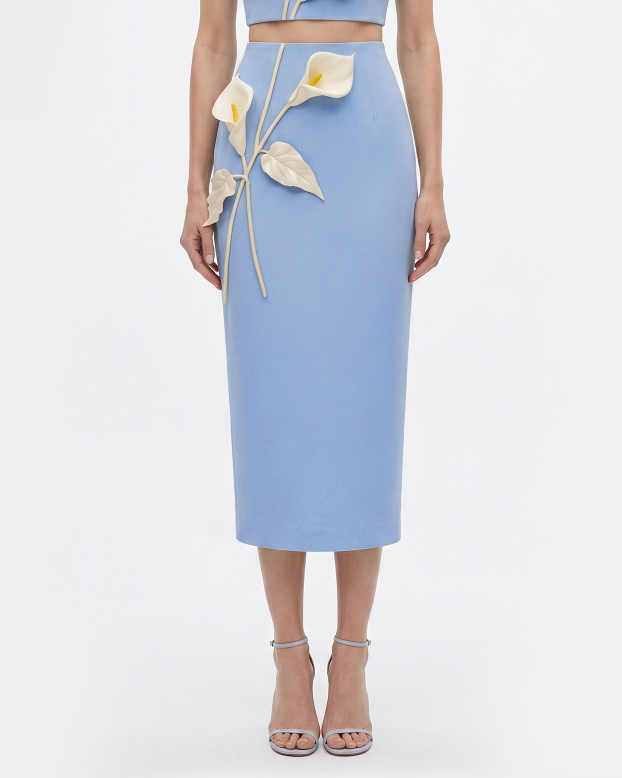 Floral Appliqué High-Waist Pencil Skirt - Light Blue