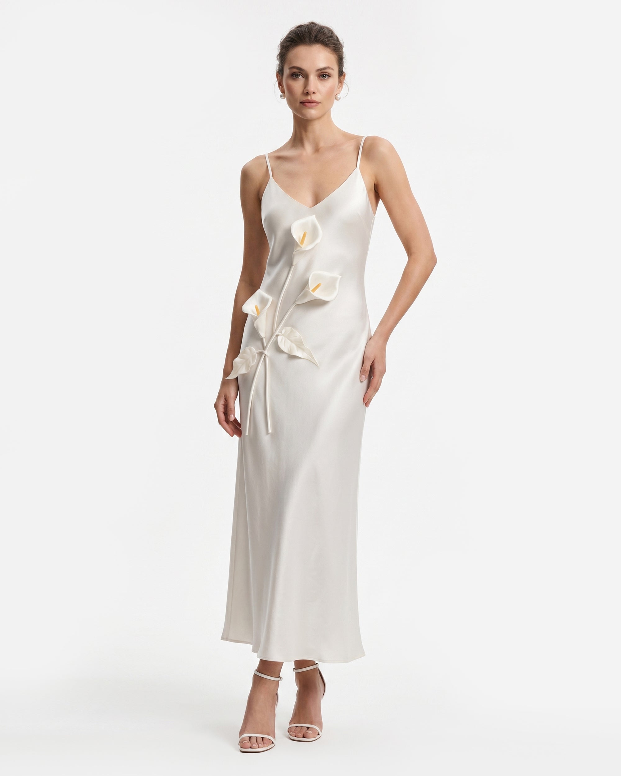 Floral Appliqué Spaghetti Strap Slip Maxi Dress - Ivory