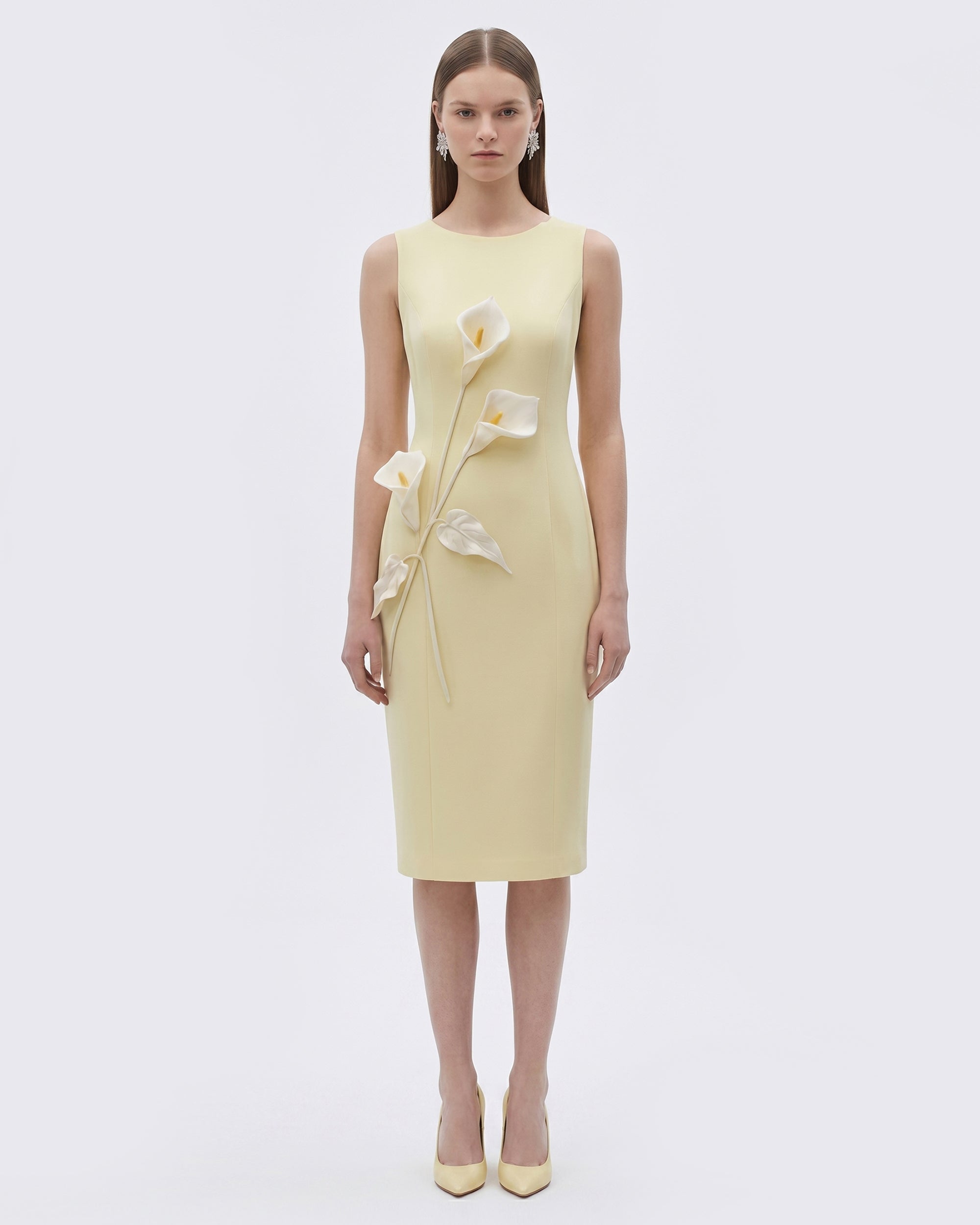 Floral Appliqué Sleeveless Sheath Midi Dress - Butter Yellow