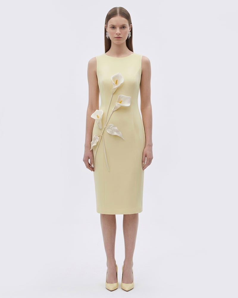 Floral Appliqué Sleeveless Sheath Midi Dress - Butter Yellow