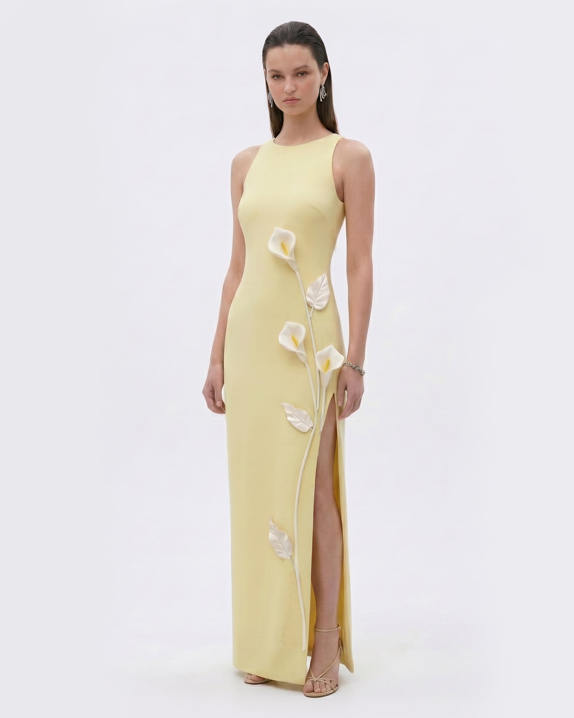 Floral Appliqué Sleeveless Slit Maxi Dress - Butter Yellow