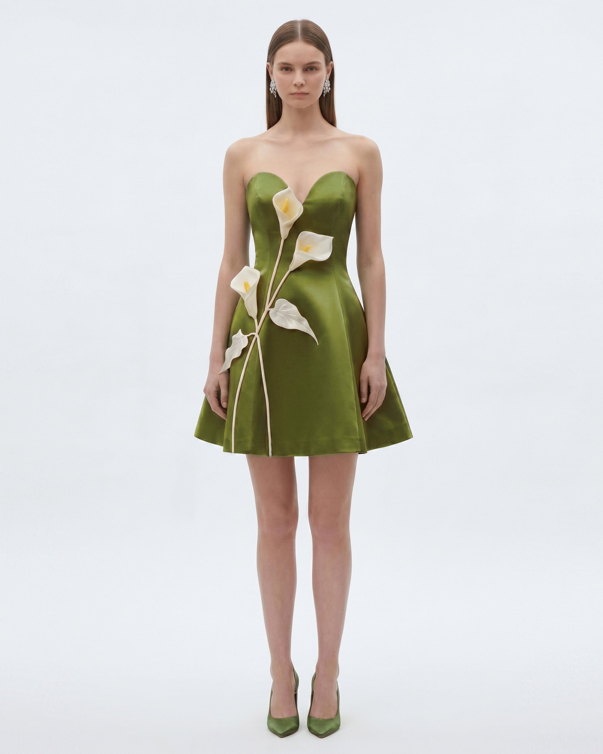 Floral Appliqué Strapless Flared Mini Dress - Olive