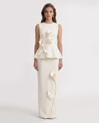Floral Appliqué Sleeveless Peplum Top - Ivory