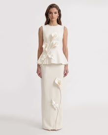 Floral Appliqué Sleeveless Peplum Top - Ivory