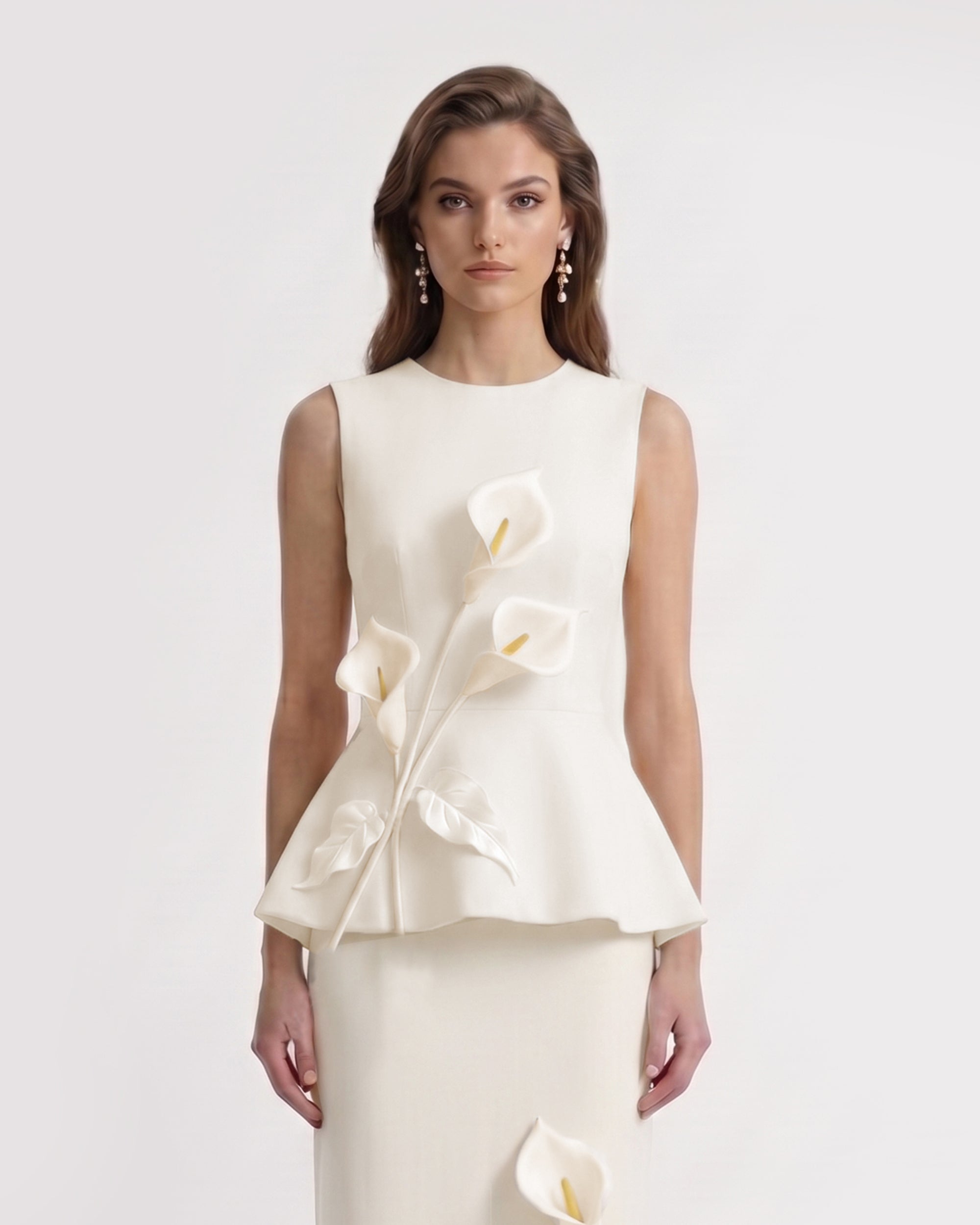 Floral Appliqué Sleeveless Peplum Top - Ivory