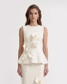 Floral Appliqué Sleeveless Peplum Top - Ivory