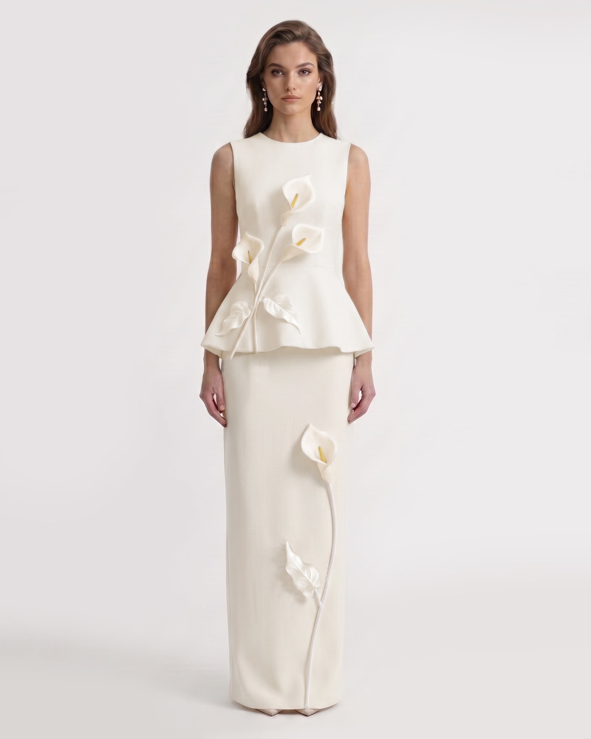 Floral Appliqué Column Maxi Skirt - Ivory