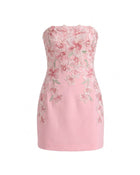 Flower Embroidered Strapless Mini Dress - Pink