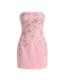 Flower Embroidered Strapless Mini Dress - Pink