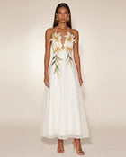 Lily-Embroidered Halter Maxi Dress - White