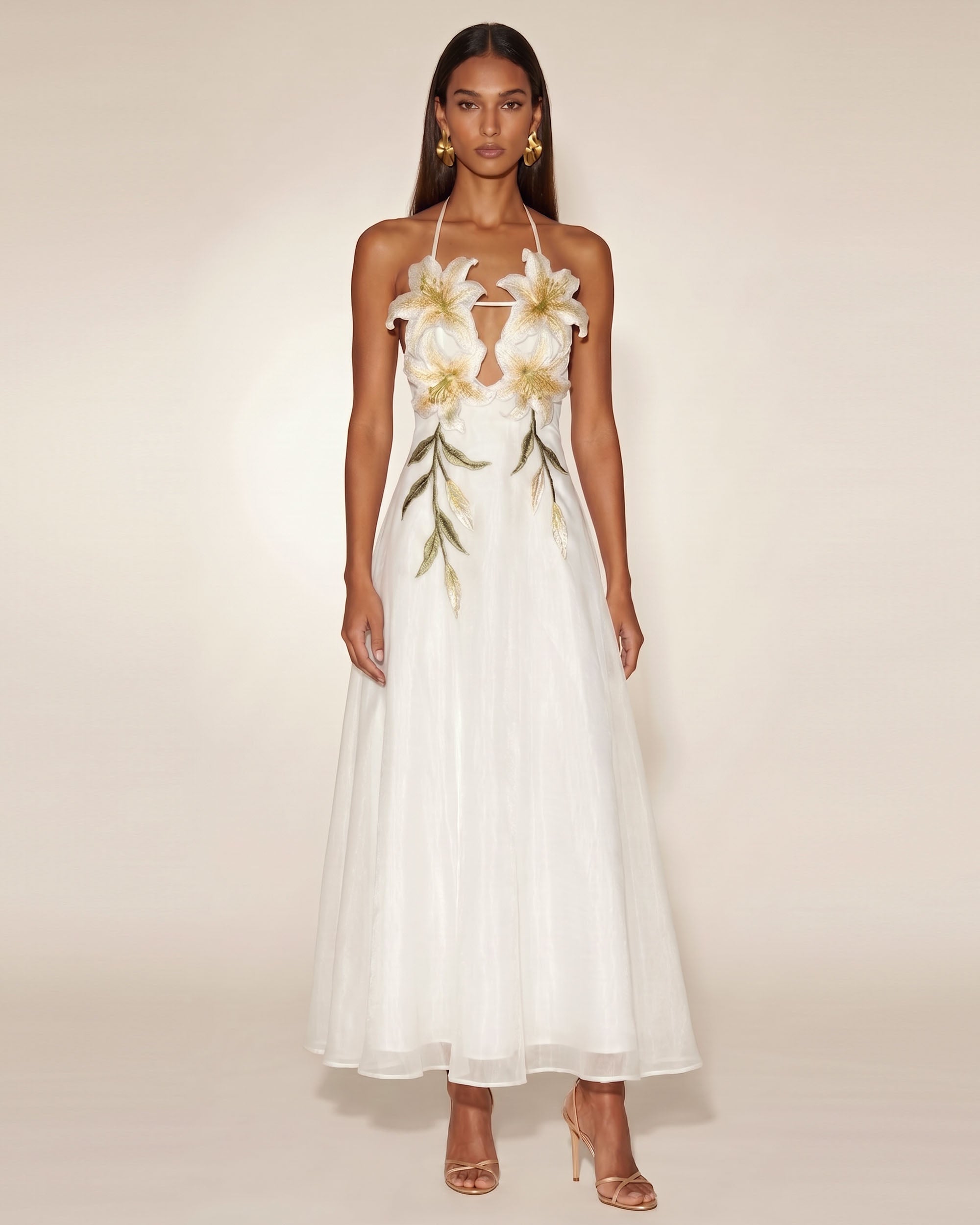 Lily-Embroidered Halter Maxi Dress - White