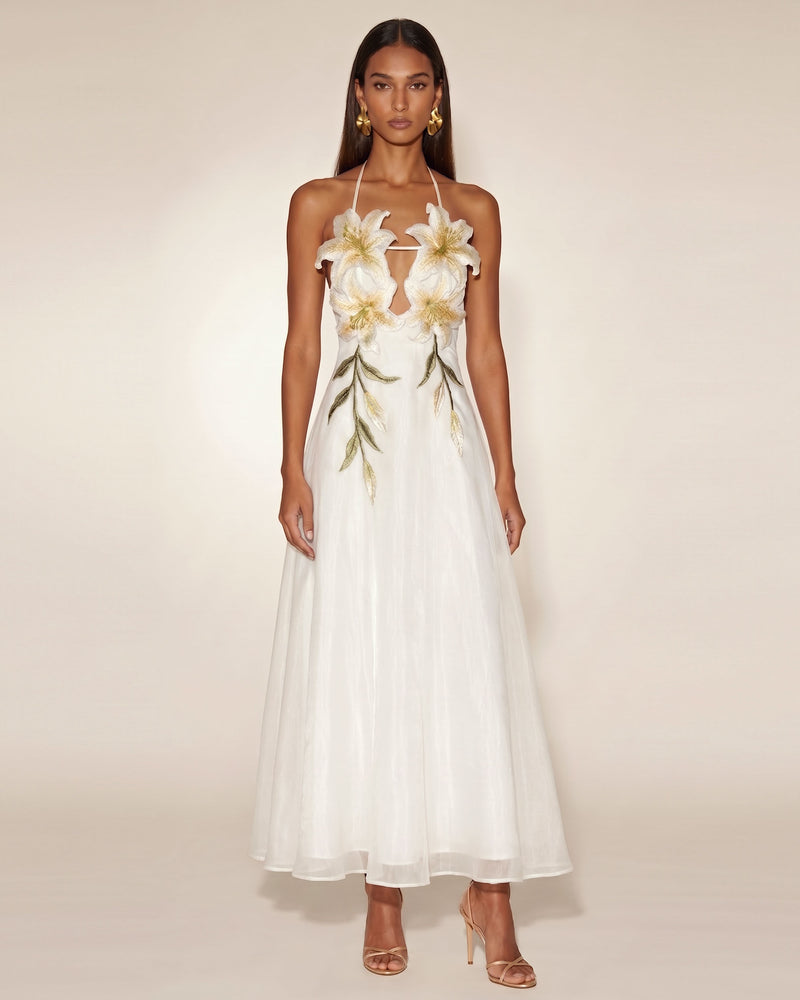 Lily-Embroidered Halter Maxi Dress - White