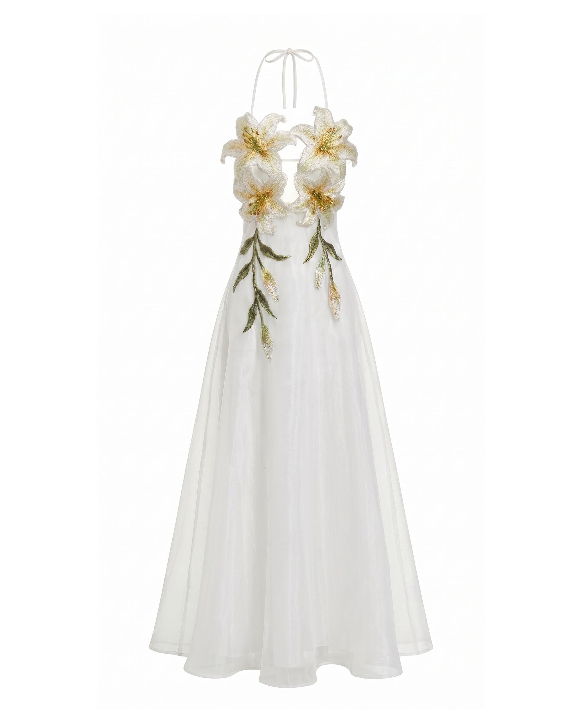 Lily-Embroidered Halter Maxi Dress - White