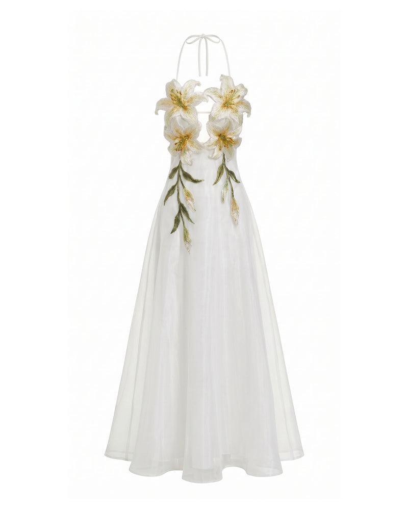 Lily-Embroidered Halter Maxi Dress - White