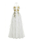 Lily-Embroidered Embroidered Halter Tiered Maxi Dress - White