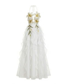 Lily-Embroidered Embroidered Halter Tiered Maxi Dress - White