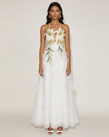 Lily-Embroidered Embroidered Halter Tiered Maxi Dress - White