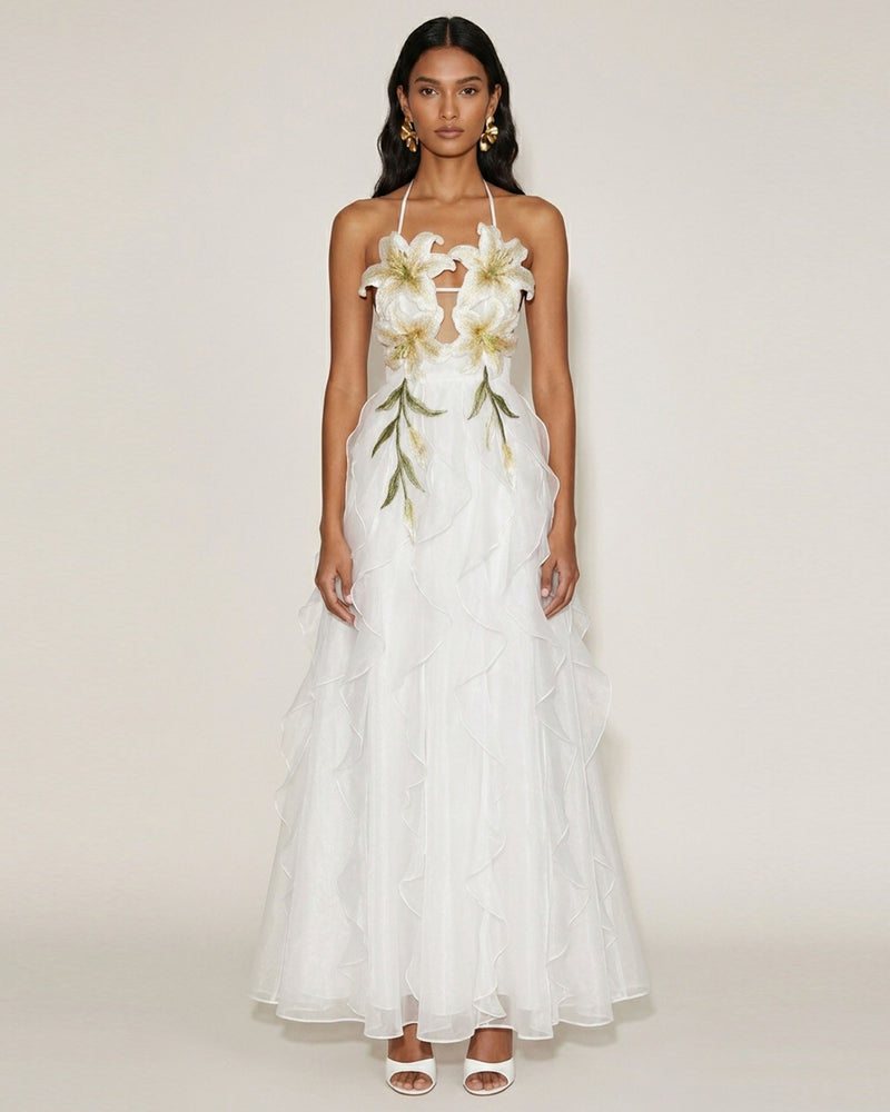 Lily-Embroidered Embroidered Halter Tiered Maxi Dress - White