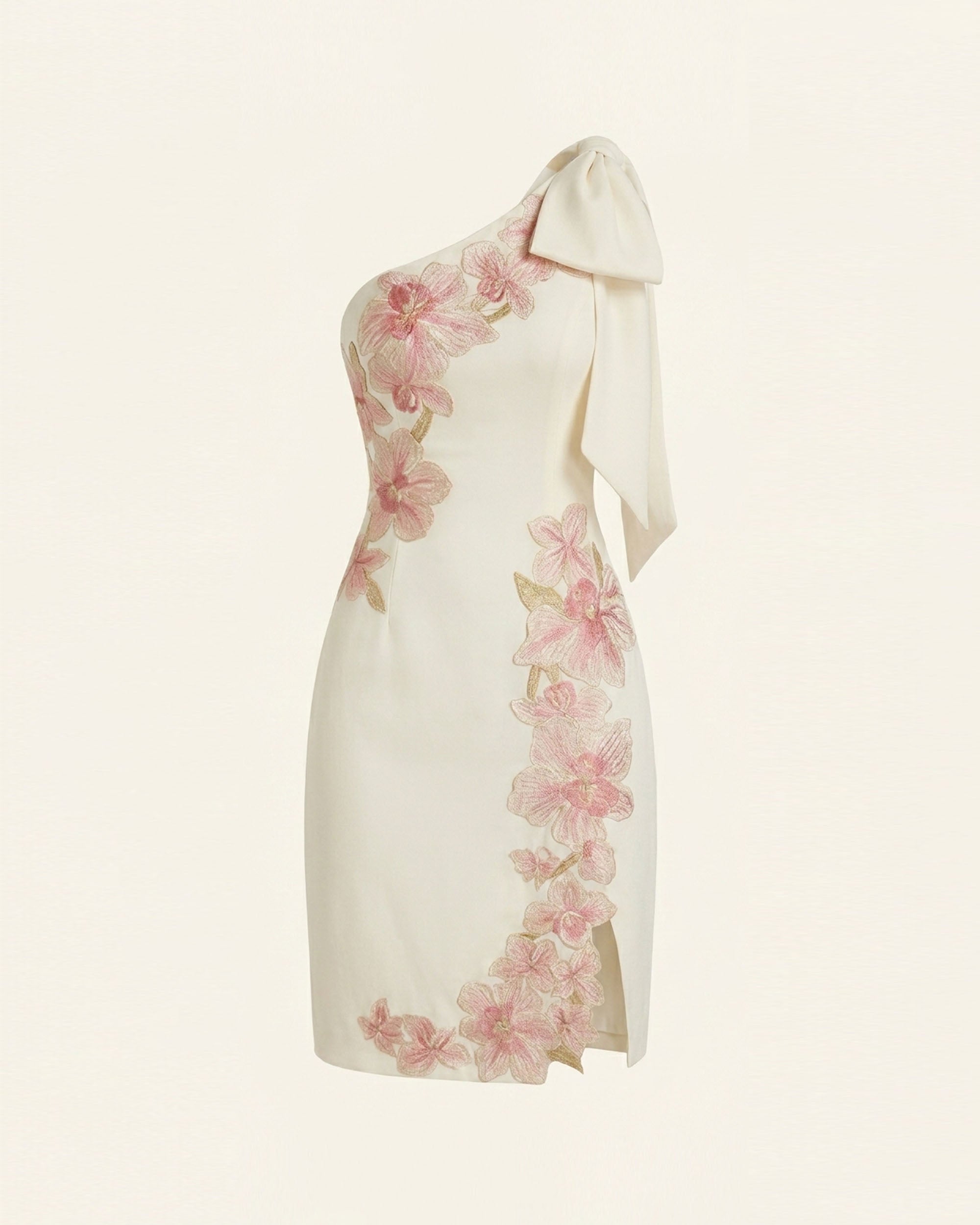 Flower Embroidered Bow Shoulder Mini Dress - Ivory