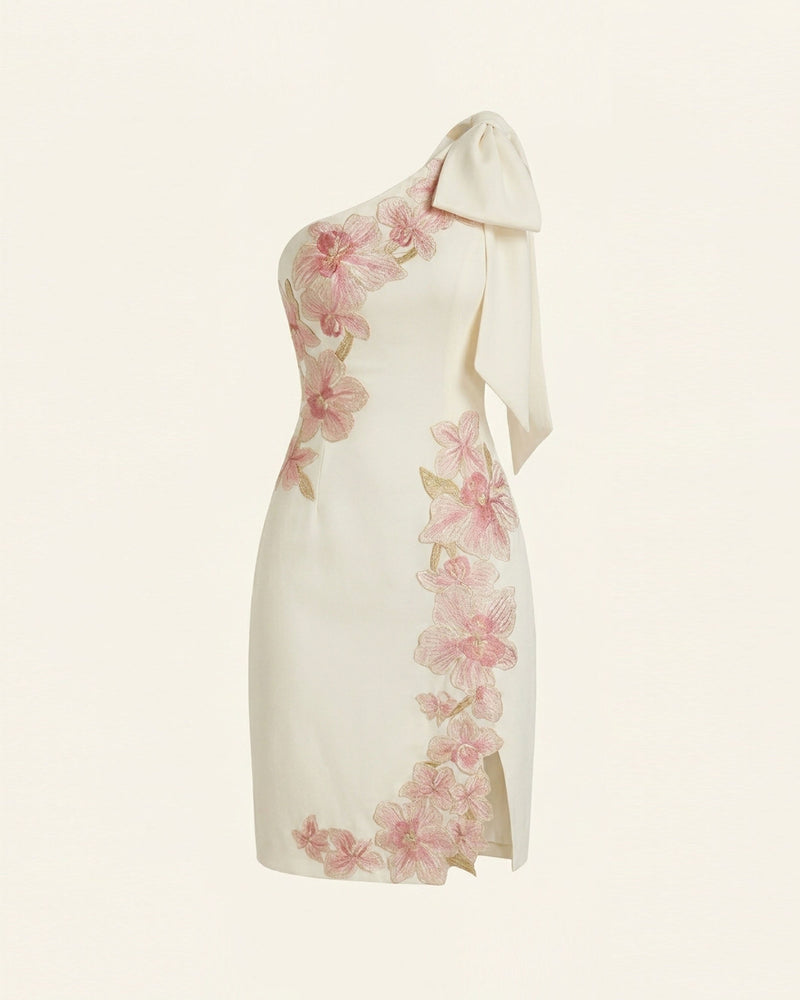 Flower Embroidered Bow Shoulder Mini Dress - Ivory