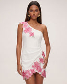 Flower Embroidered One-Shoulder Mini Dress - White