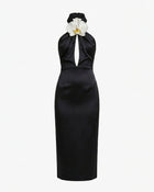 Orchid Embroidered Halter Midi Dress - Black