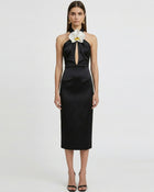 Orchid Embroidered Halter Midi Dress - Black