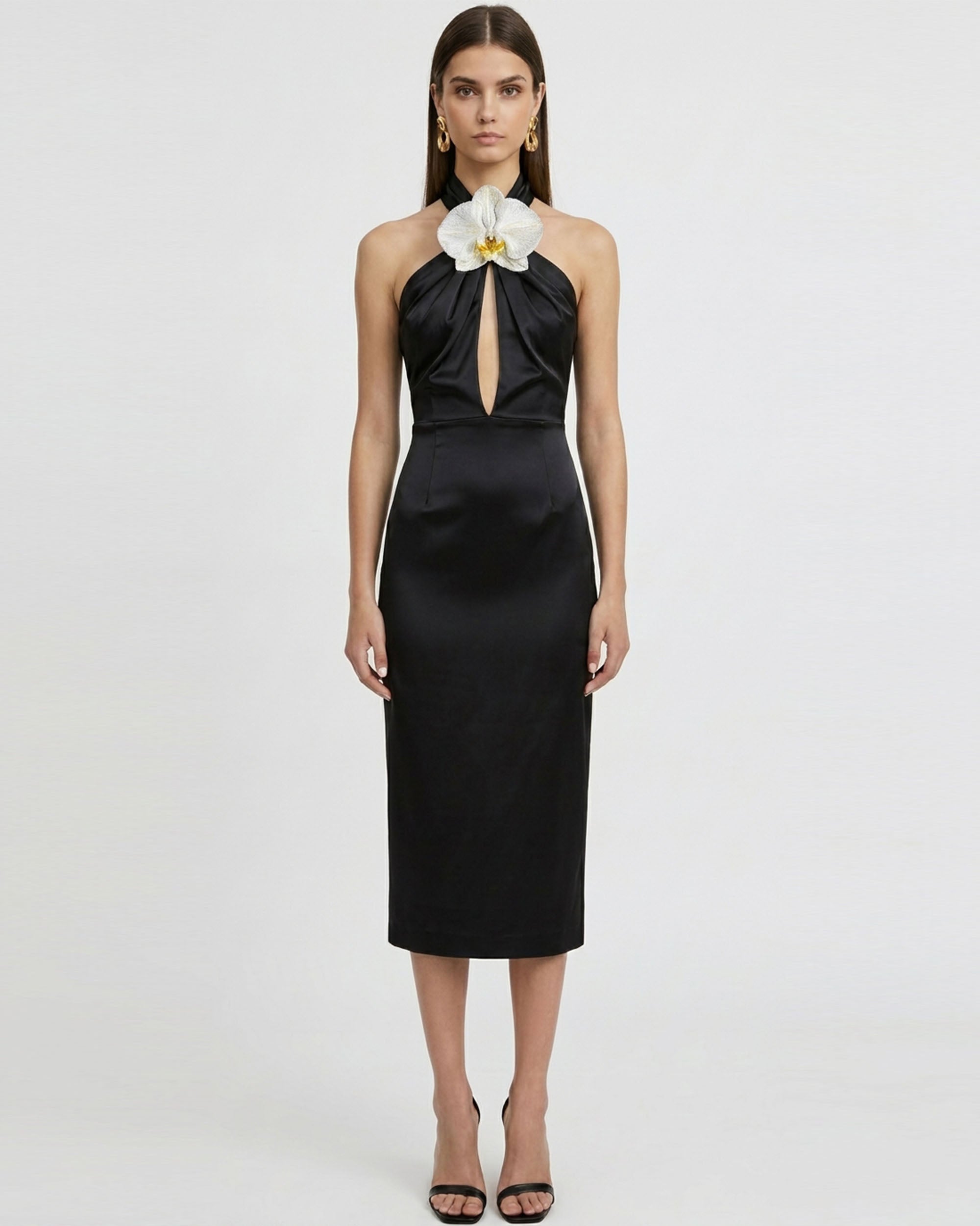 Orchid Embroidered Halter Midi Dress - Black